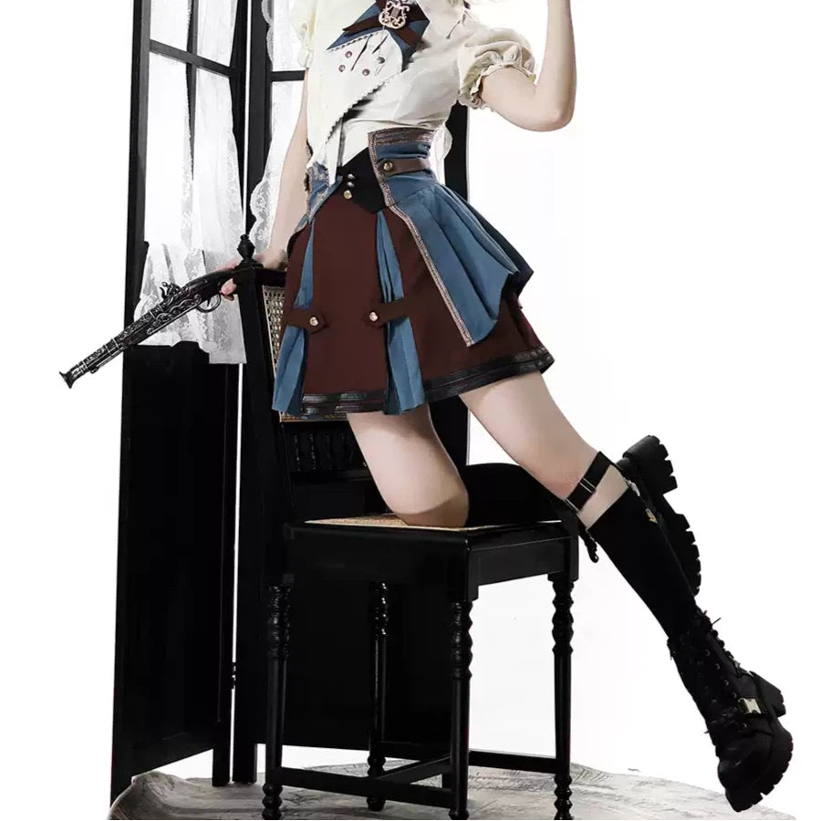 Steampunk Lolita Outfit Victorian Retro Color Blocked Skirt Corset Belt Set