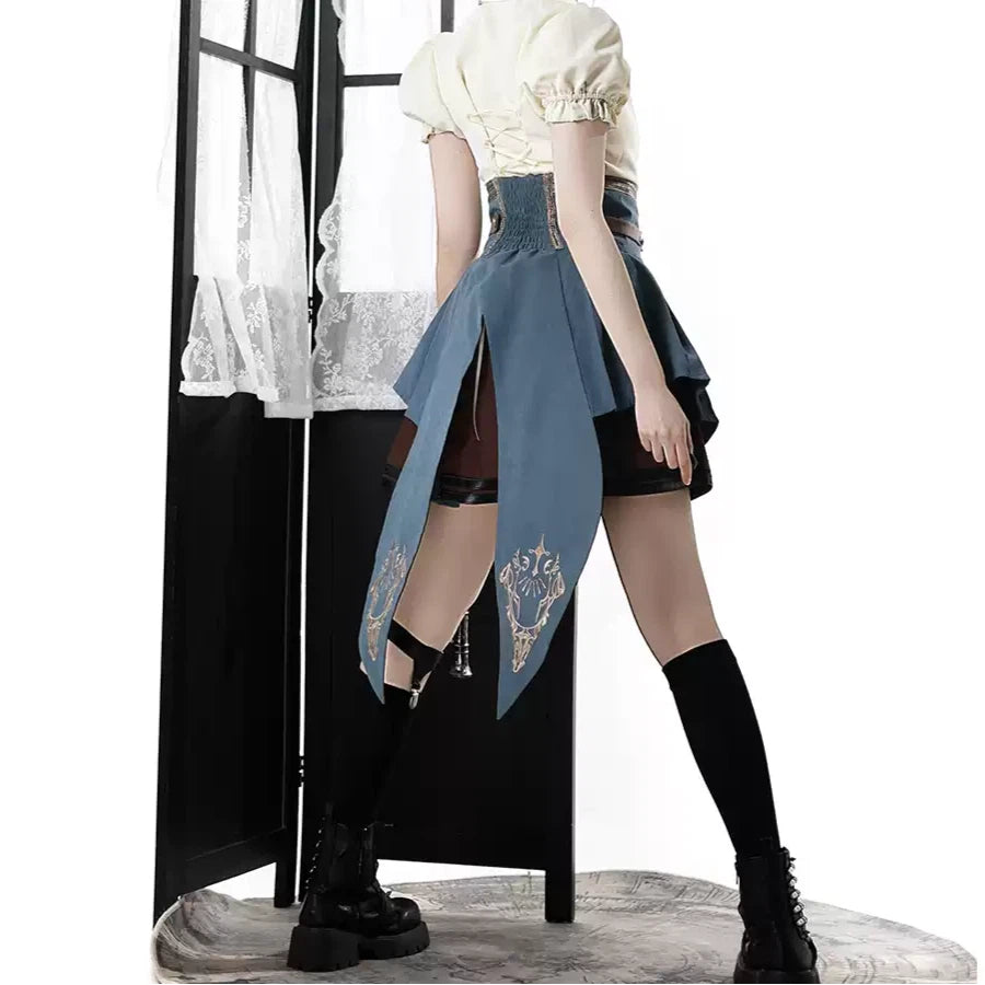 Steampunk Lolita Outfit Victorian Retro Color Blocked Skirt Corset Belt Set