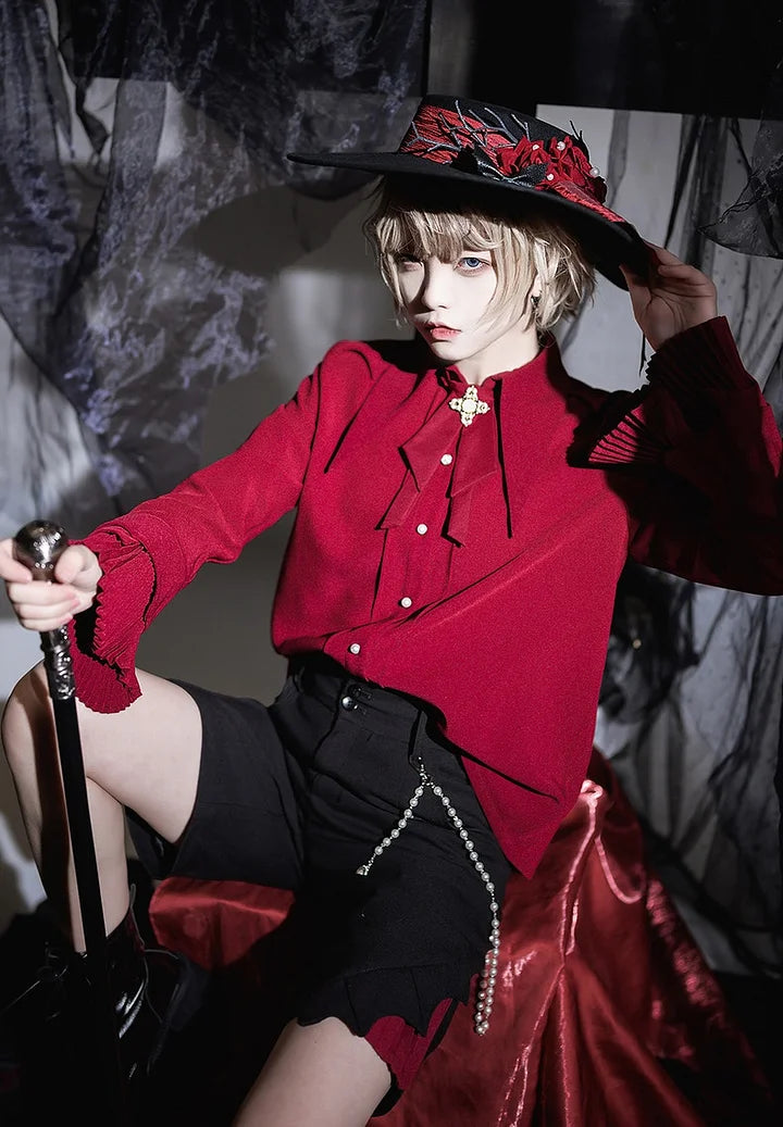 Elegant Retro Ouji Lolita Red Pointed Collar Long-Sleeved British Top