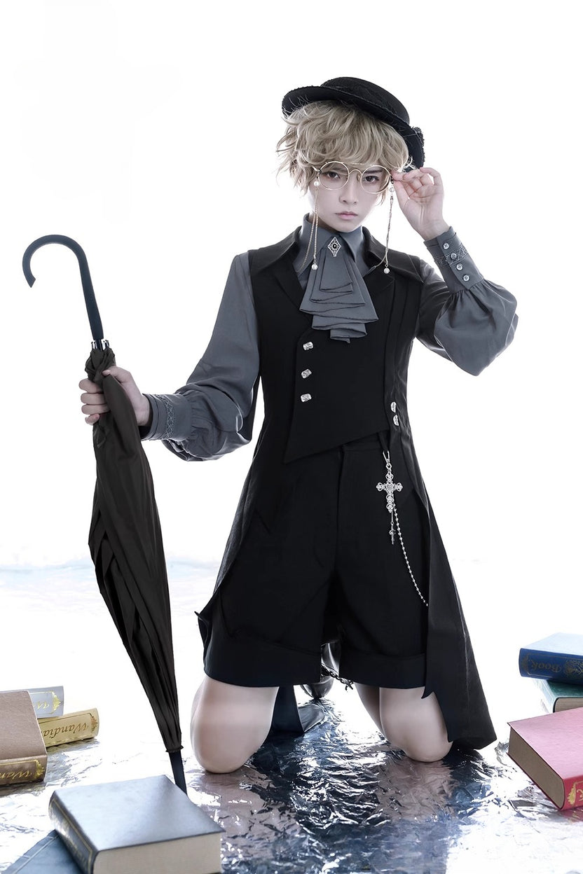 Ouji Fashion Black Long Vest Medieval Prince Asymmetrical Elegant Waistcoat