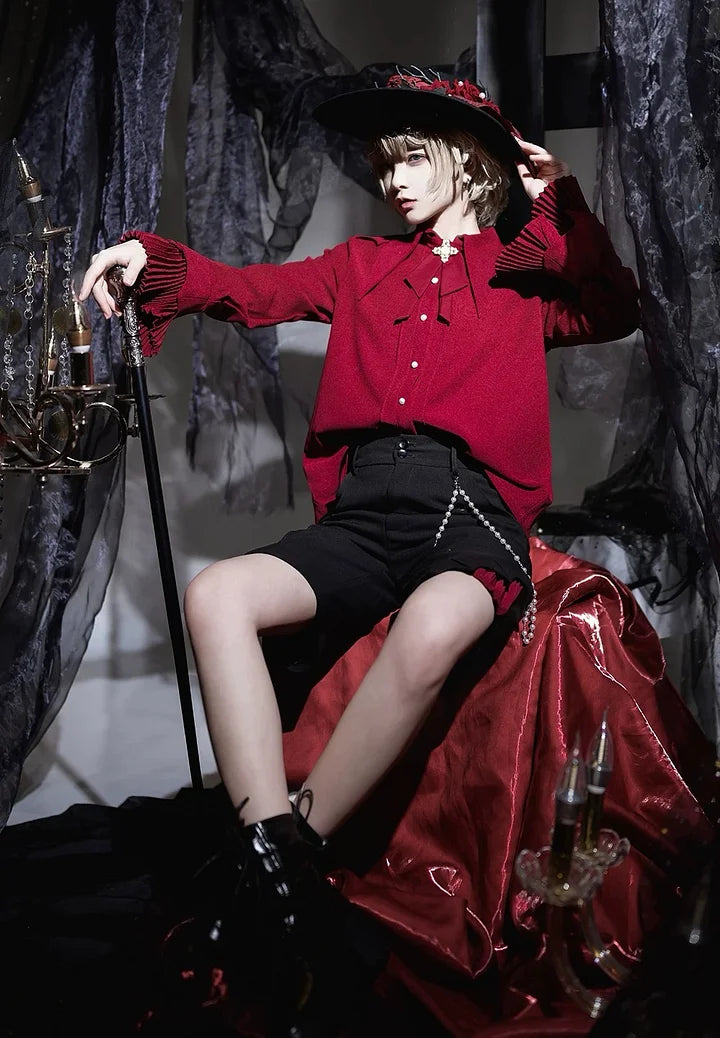 Elegant Retro Ouji Lolita Red Pointed Collar Long-Sleeved British Top