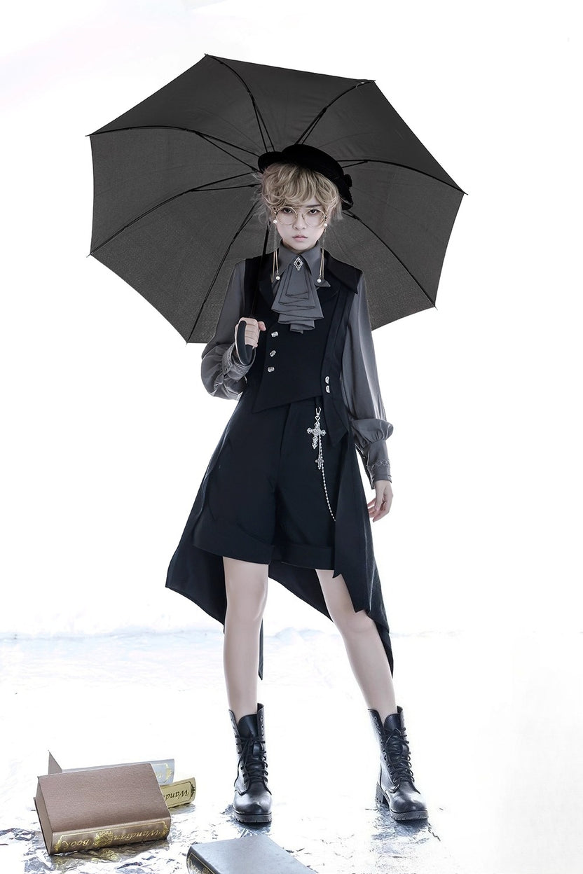 Ouji Fashion Black Long Vest Medieval Prince Asymmetrical Elegant Waistcoat