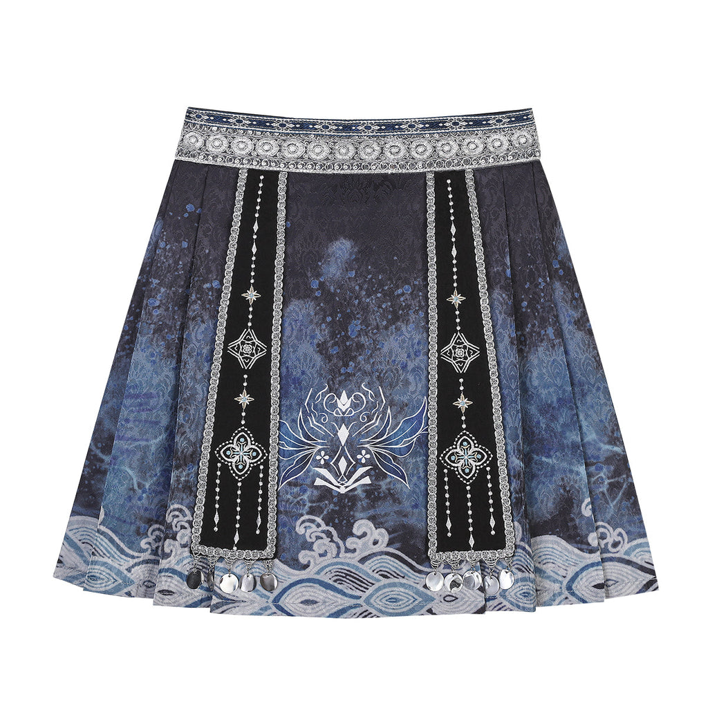 Modern Hanfu clothing Exotic Style Guofeng Short Ma Mian Skirt Blue Hanfu dress