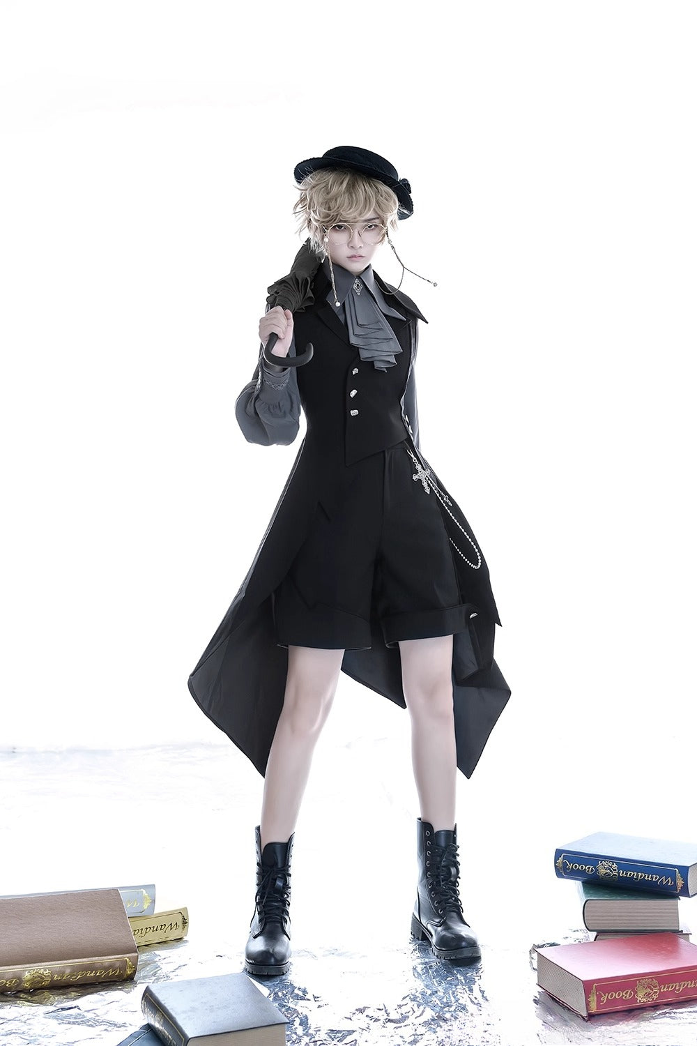 Ouji Fashion Black Long Vest Medieval Prince Asymmetrical Elegant Waistcoat