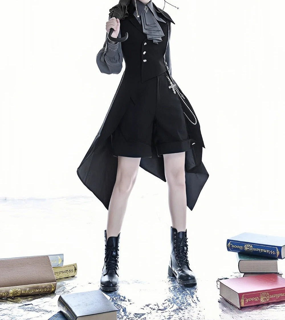 Ouji Fashion Black Long Vest Medieval Prince Asymmetrical Elegant Waistcoat