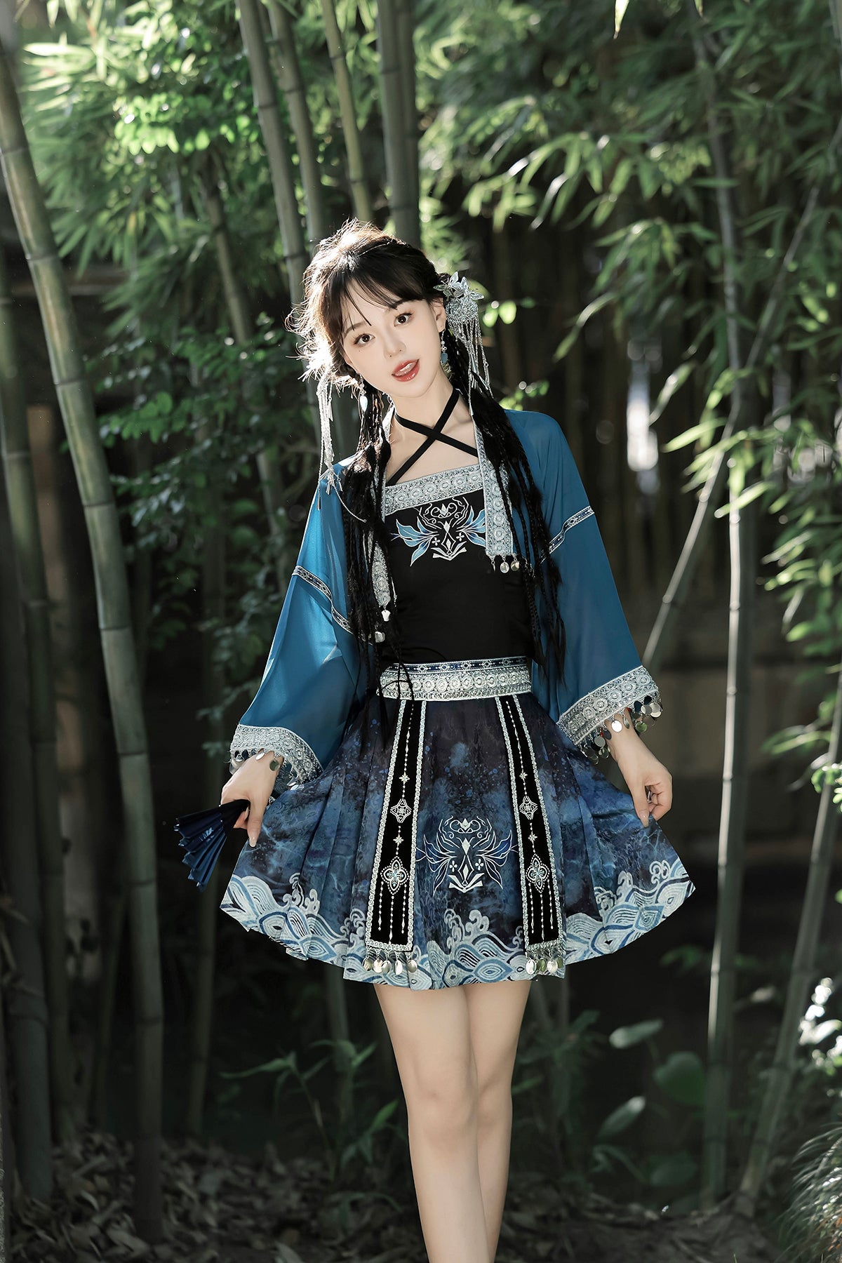 Modern Hanfu clothing Exotic Style Guofeng Short Ma Mian Skirt Blue Hanfu dress