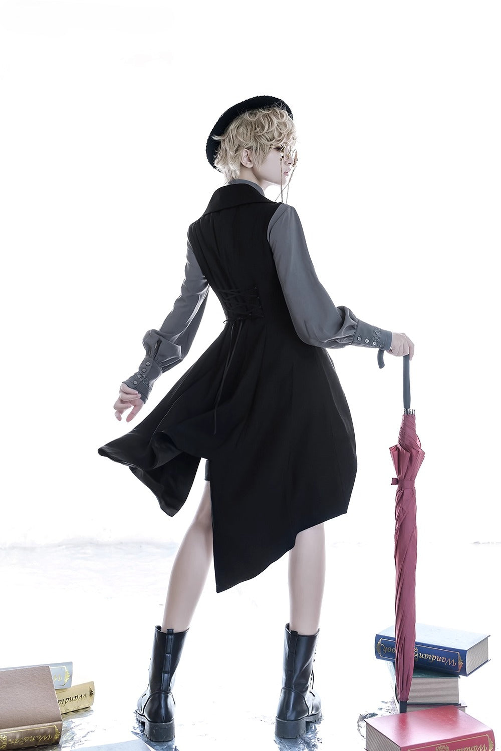 Ouji Fashion Black Long Vest Medieval Prince Asymmetrical Elegant Waistcoat