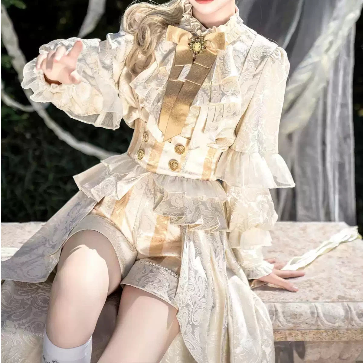 Ouji Fashion Lolita Prince Outfit Victorian Court Gold Jacquard Set with Asymmetric Hem