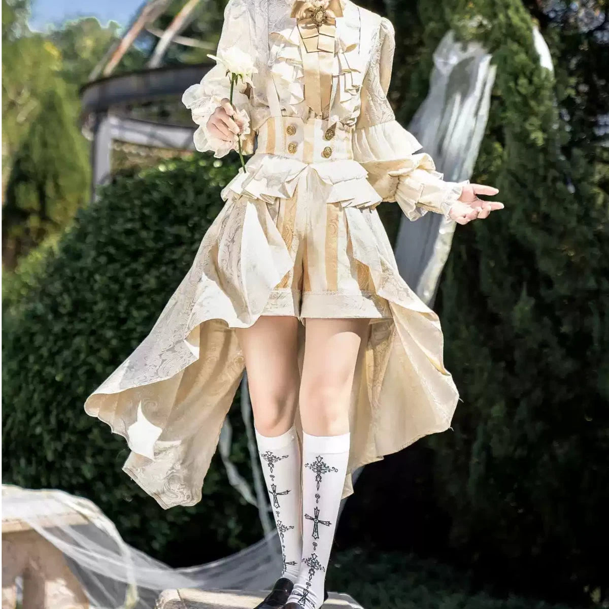 Ouji Fashion Lolita Prince Outfit Victorian Court Gold Jacquard Set with Asymmetric Hem