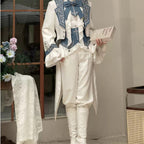 Ouji Fashion Lolita Victorian Blue White Set Embroider Tailcoat Ensemble