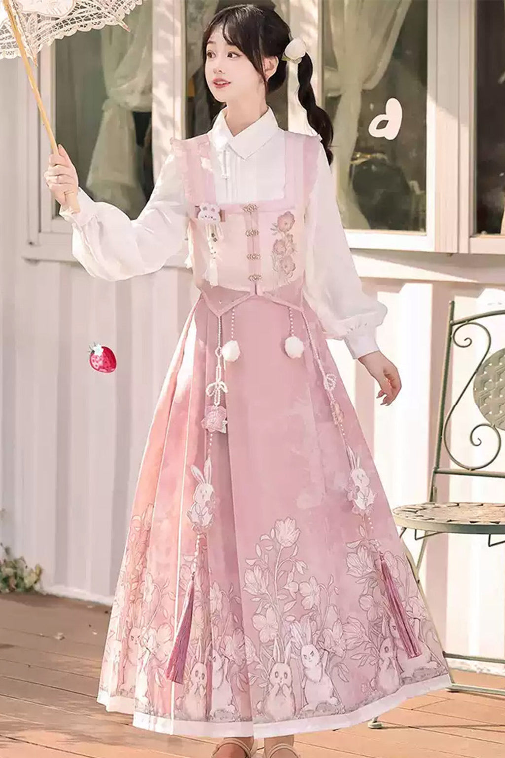 Modern Hanfu clothing Chinese Style Rabbit Print Ma Mian Skirt Pink Hanfu dress