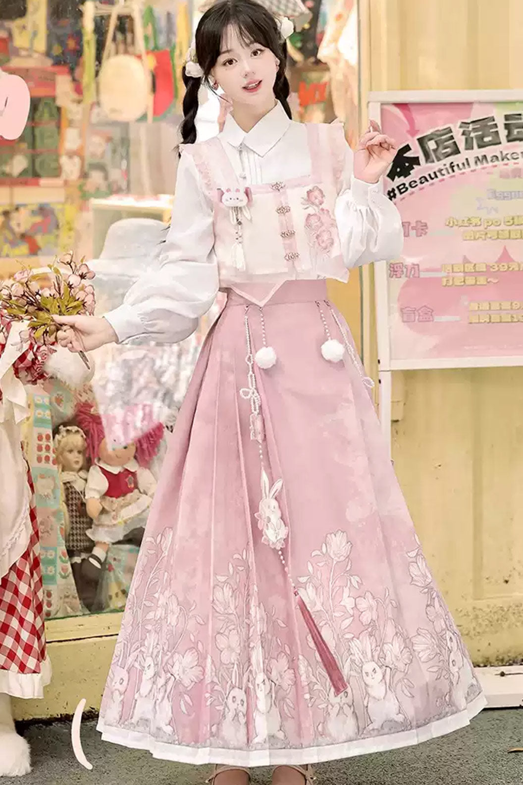 Modern Hanfu clothing Chinese Style Rabbit Print Ma Mian Skirt Pink Hanfu dress