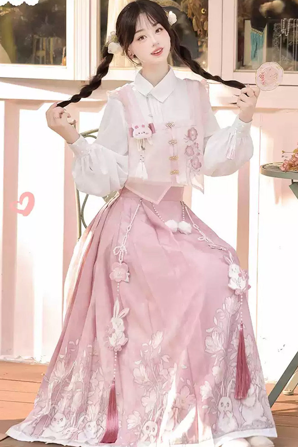 Modern Hanfu clothing Chinese Style Rabbit Print Ma Mian Skirt Pink Hanfu dress
