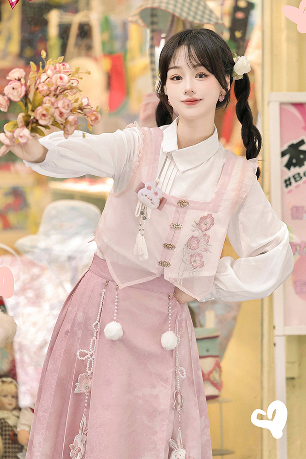 Modern Hanfu clothing Chinese Style Rabbit Print Ma Mian Skirt Pink Hanfu dress