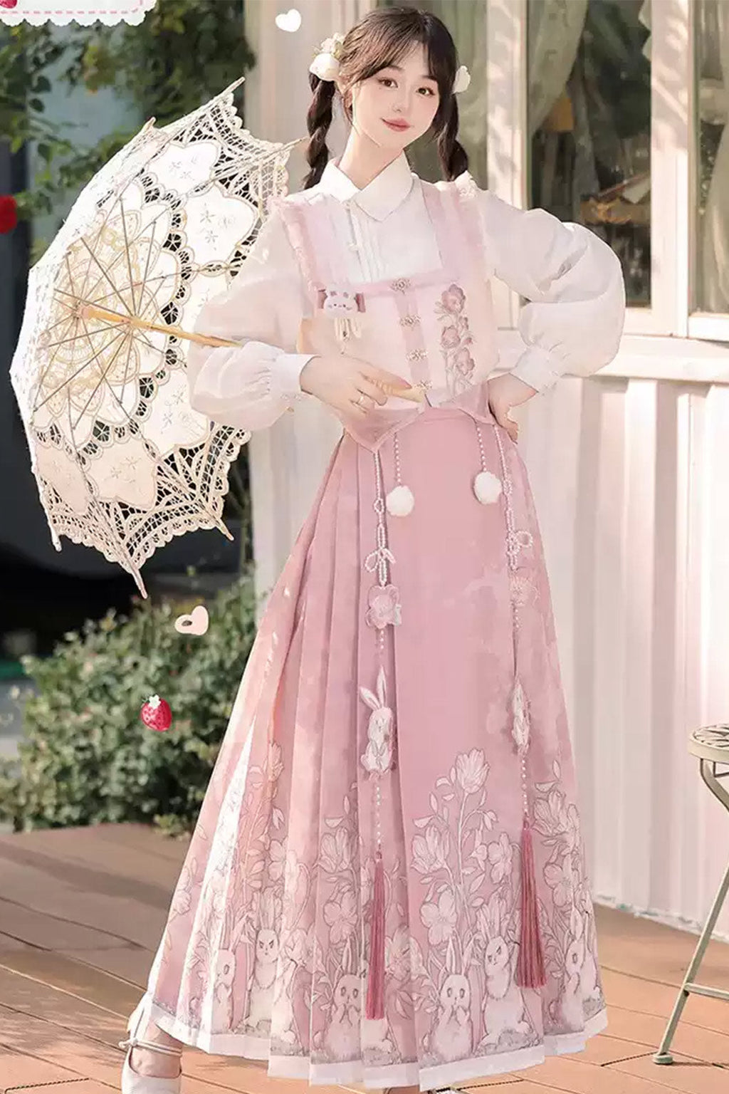 Modern Hanfu clothing Chinese Style Rabbit Print Ma Mian Skirt Pink Hanfu dress