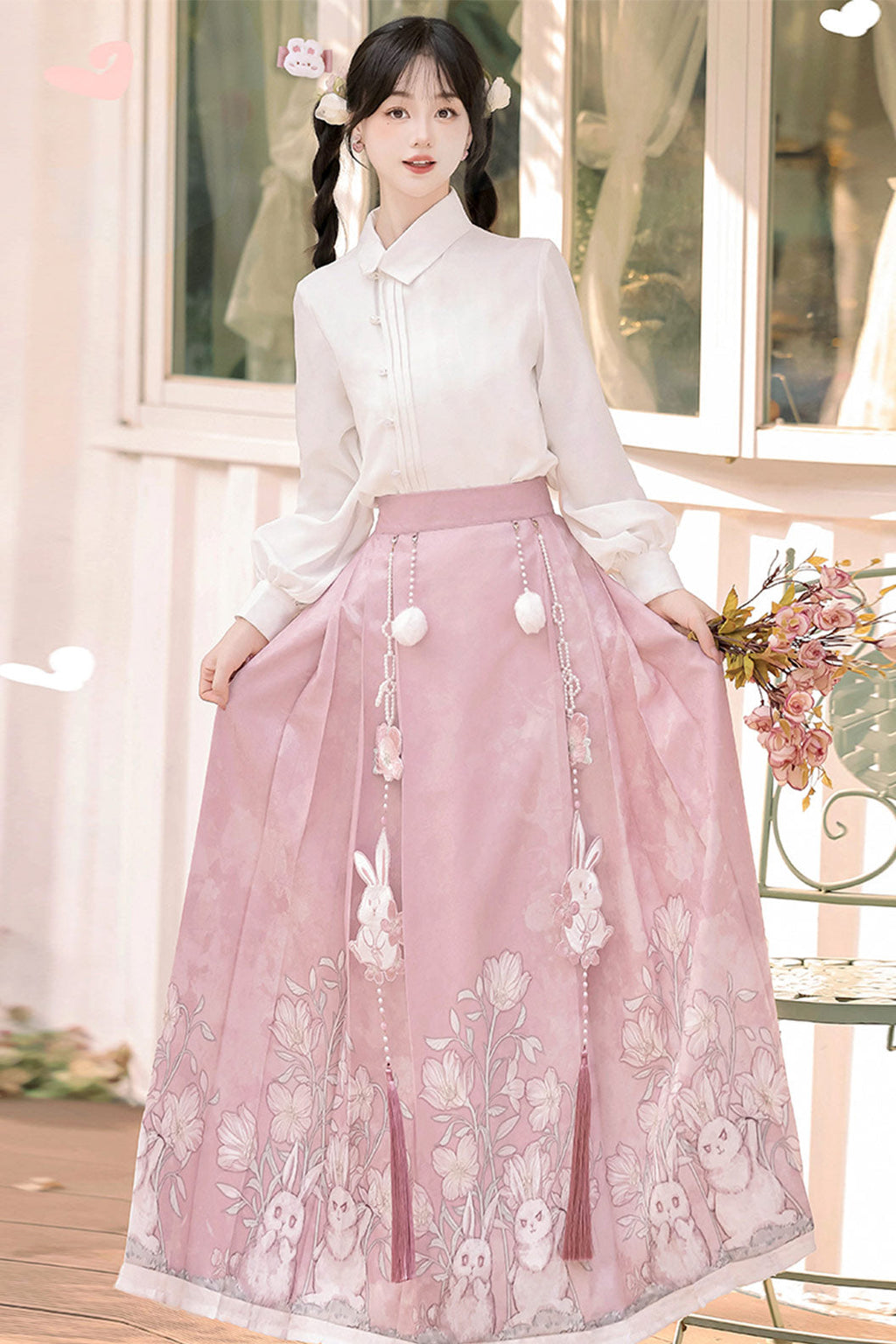 Modern Hanfu clothing Chinese Style Rabbit Print Ma Mian Skirt Pink Hanfu dress
