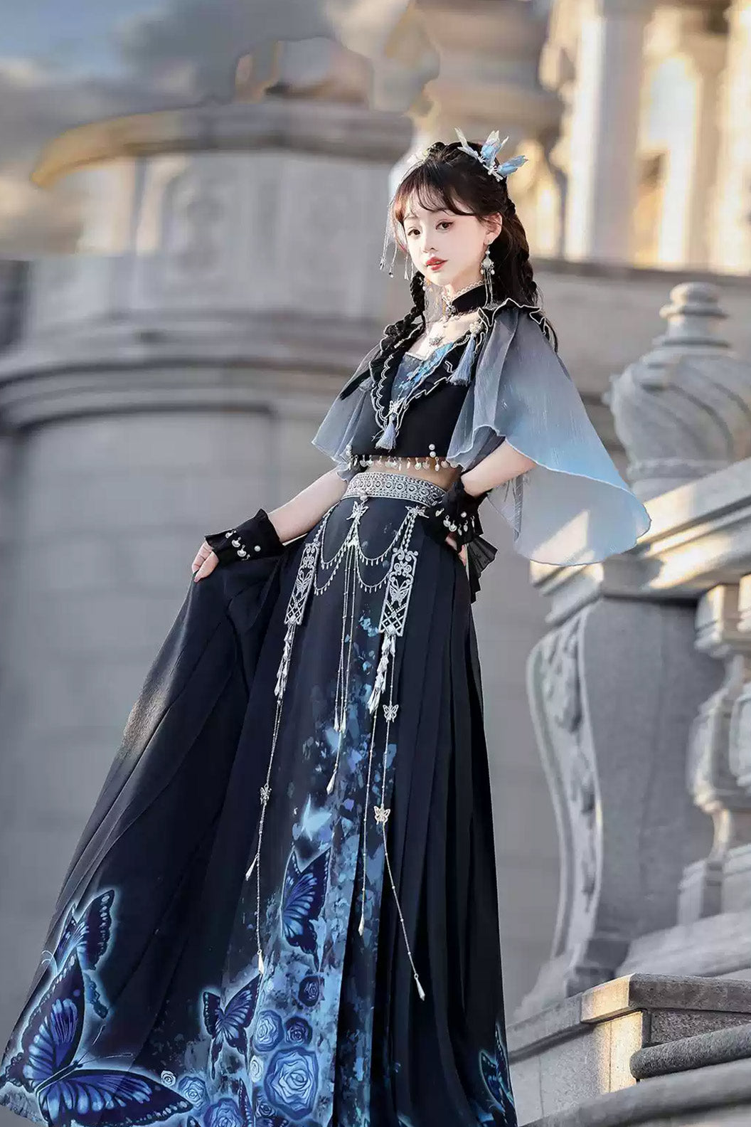 Modern Hanfu clothing Butterfly Ma Mian Skirt Fairy Style Blue Hanfu dress