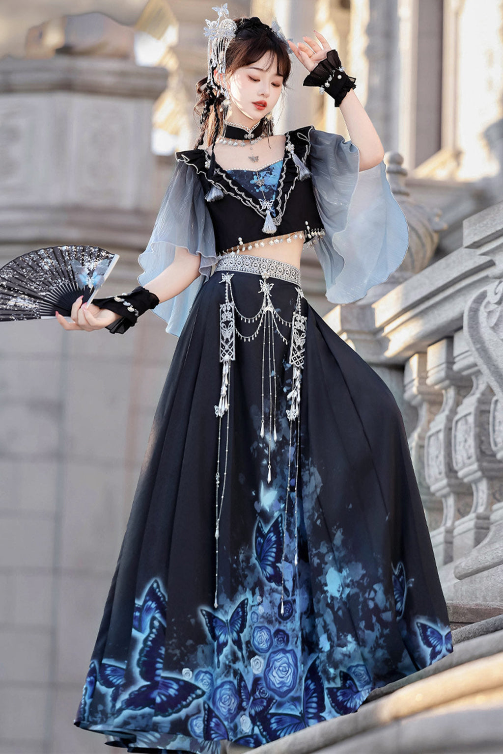 Modern Hanfu clothing Butterfly Ma Mian Skirt Fairy Style Blue Hanfu dress