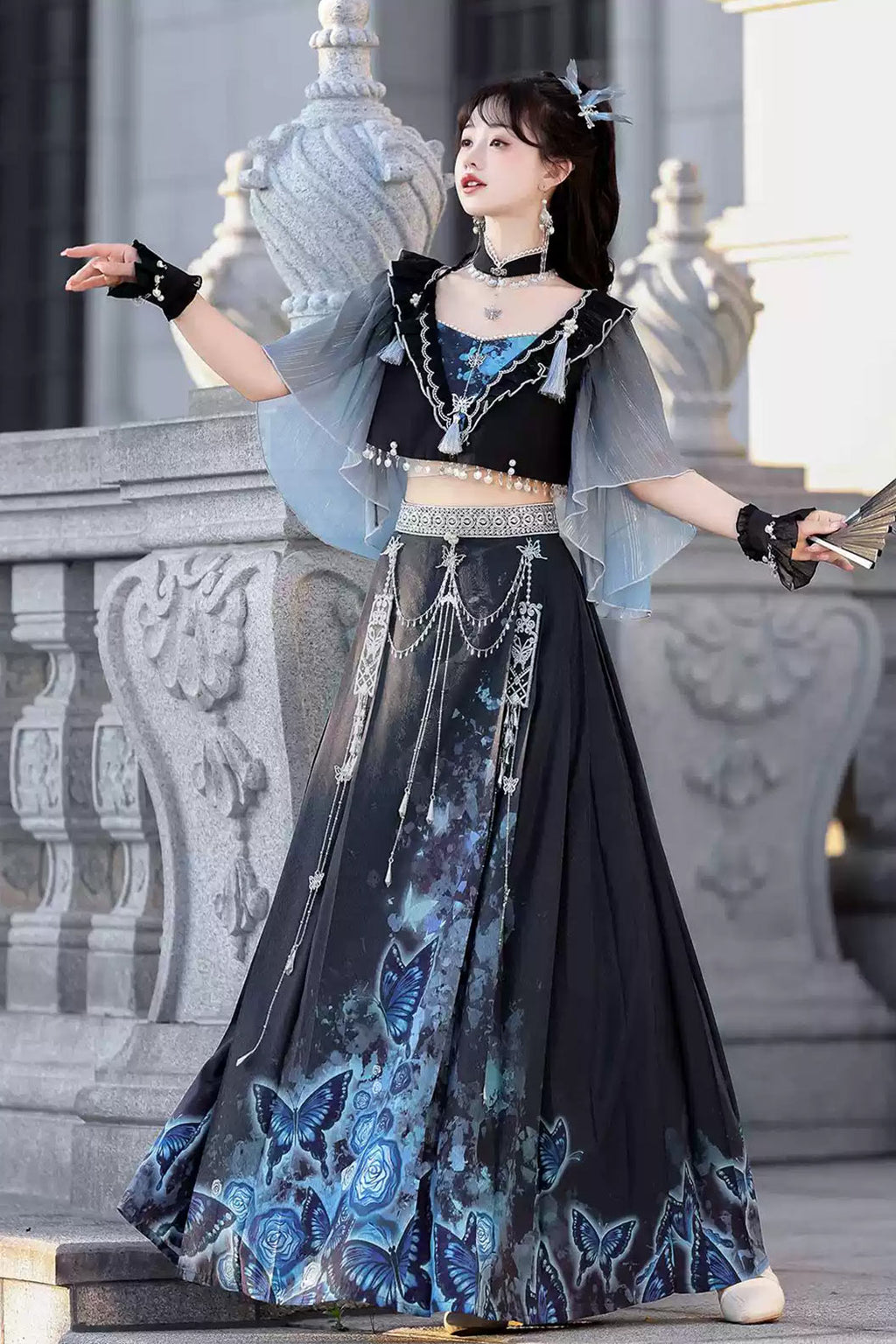 Modern Hanfu clothing Butterfly Ma Mian Skirt Fairy Style Blue Hanfu dress