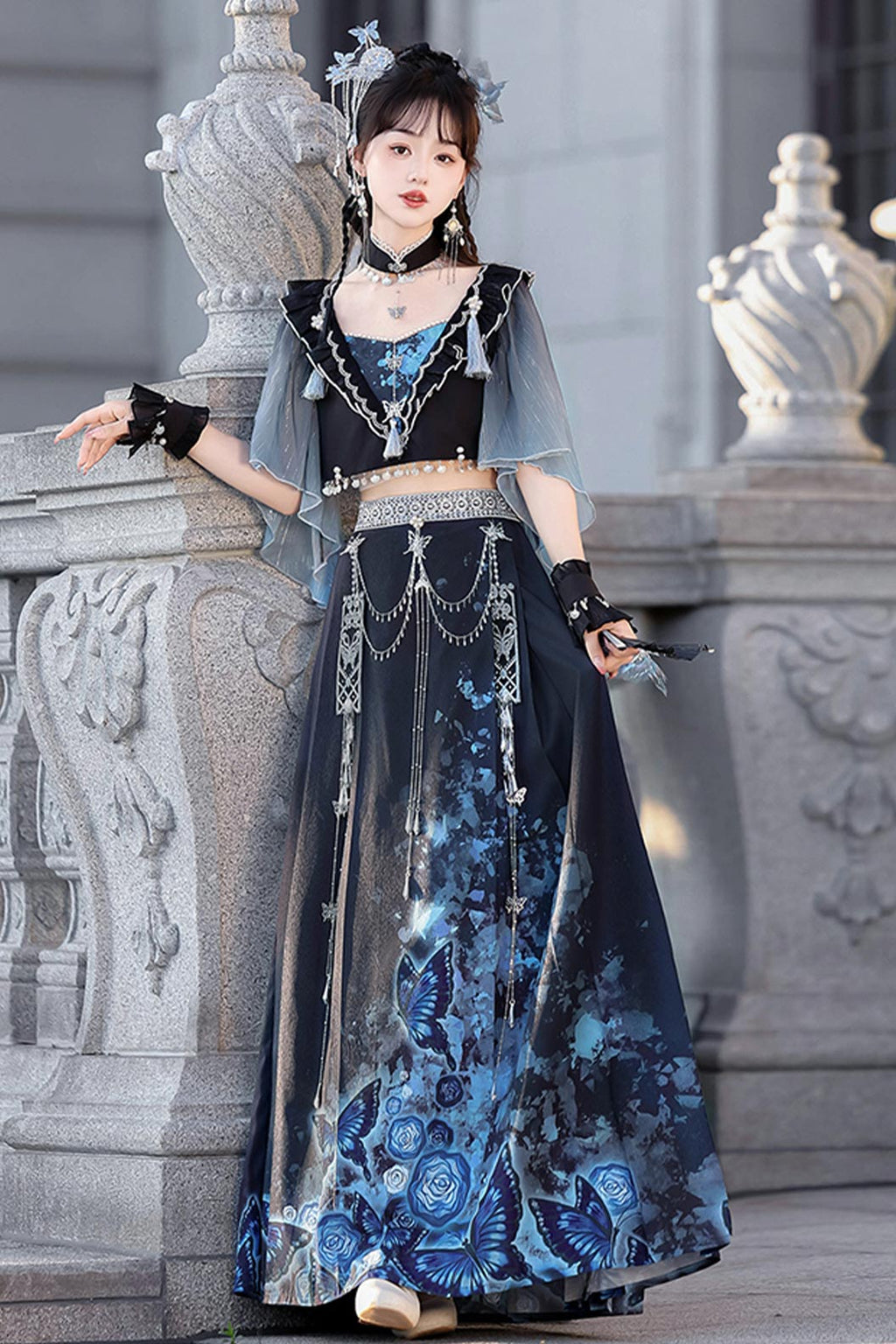 Modern Hanfu clothing Butterfly Ma Mian Skirt Fairy Style Blue Hanfu dress