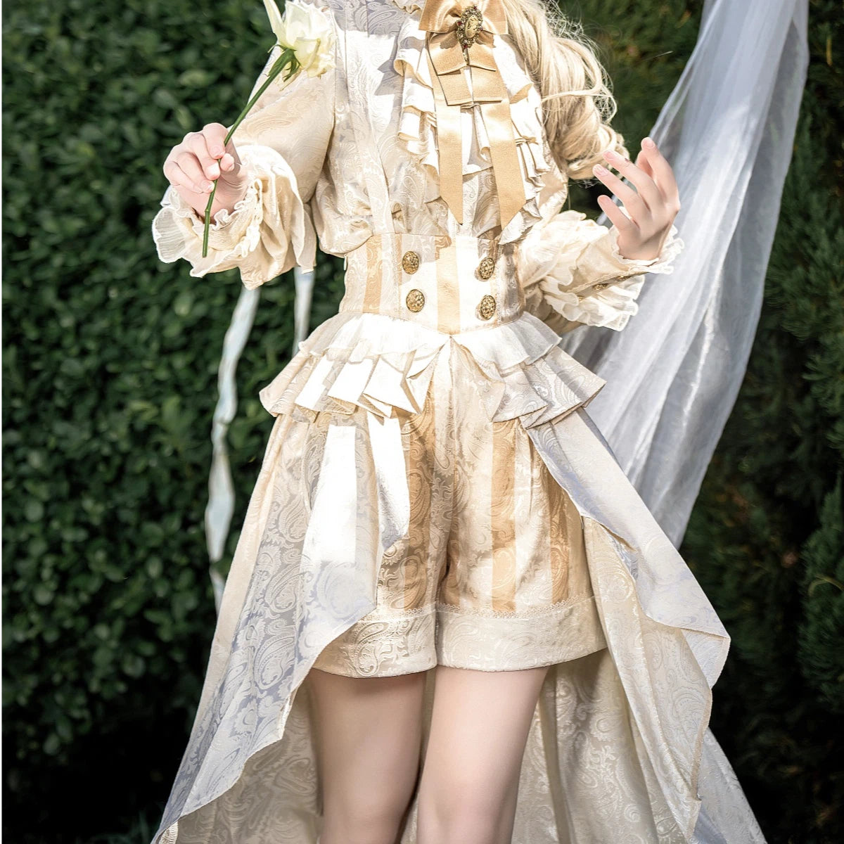 Ouji Fashion Lolita Prince Outfit Victorian Court Gold Jacquard Set with Asymmetric Hem