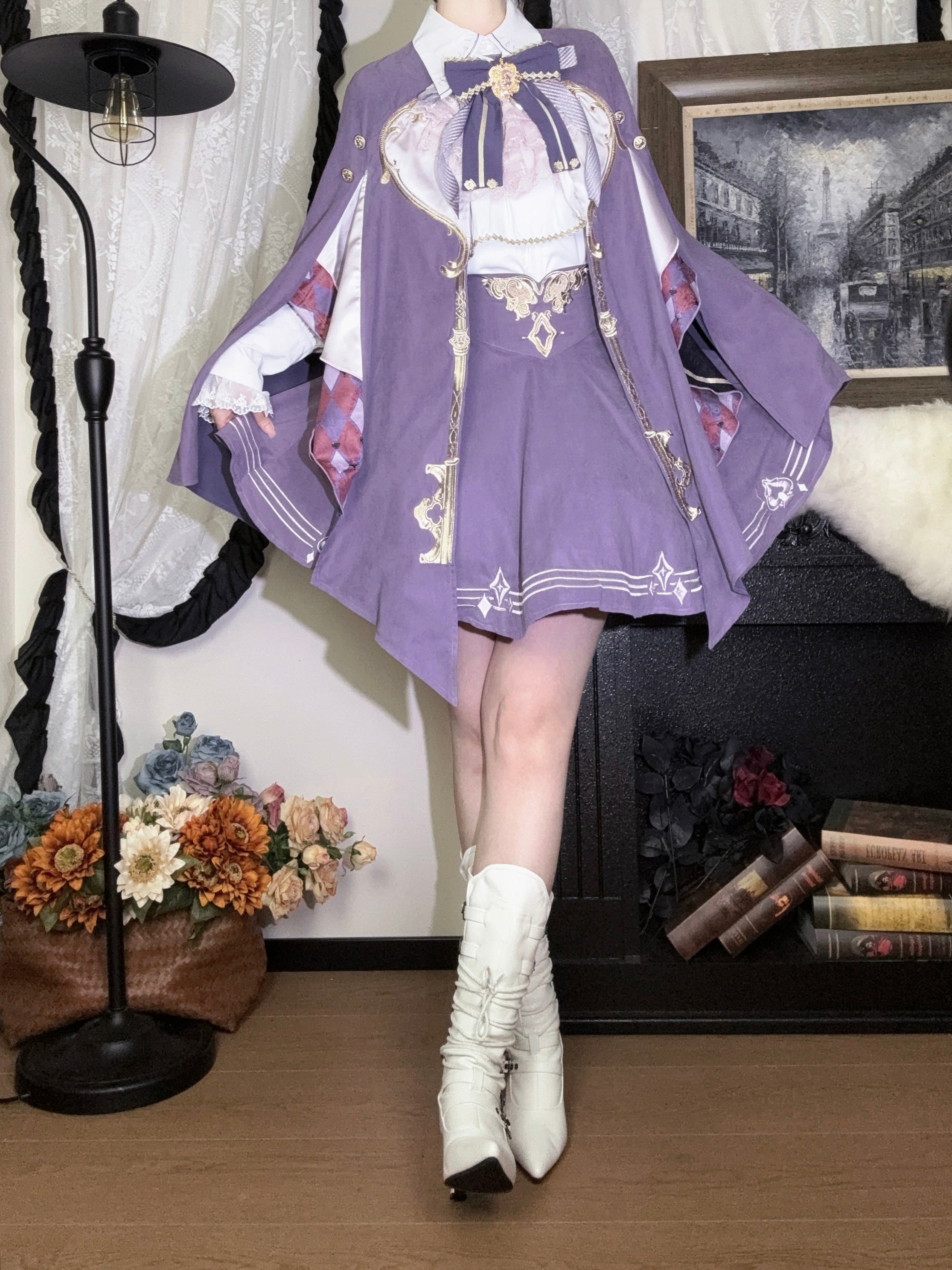 Ouji Fashion Lolita Lavender Noble Set Embroider Cape Skirt Ensemble