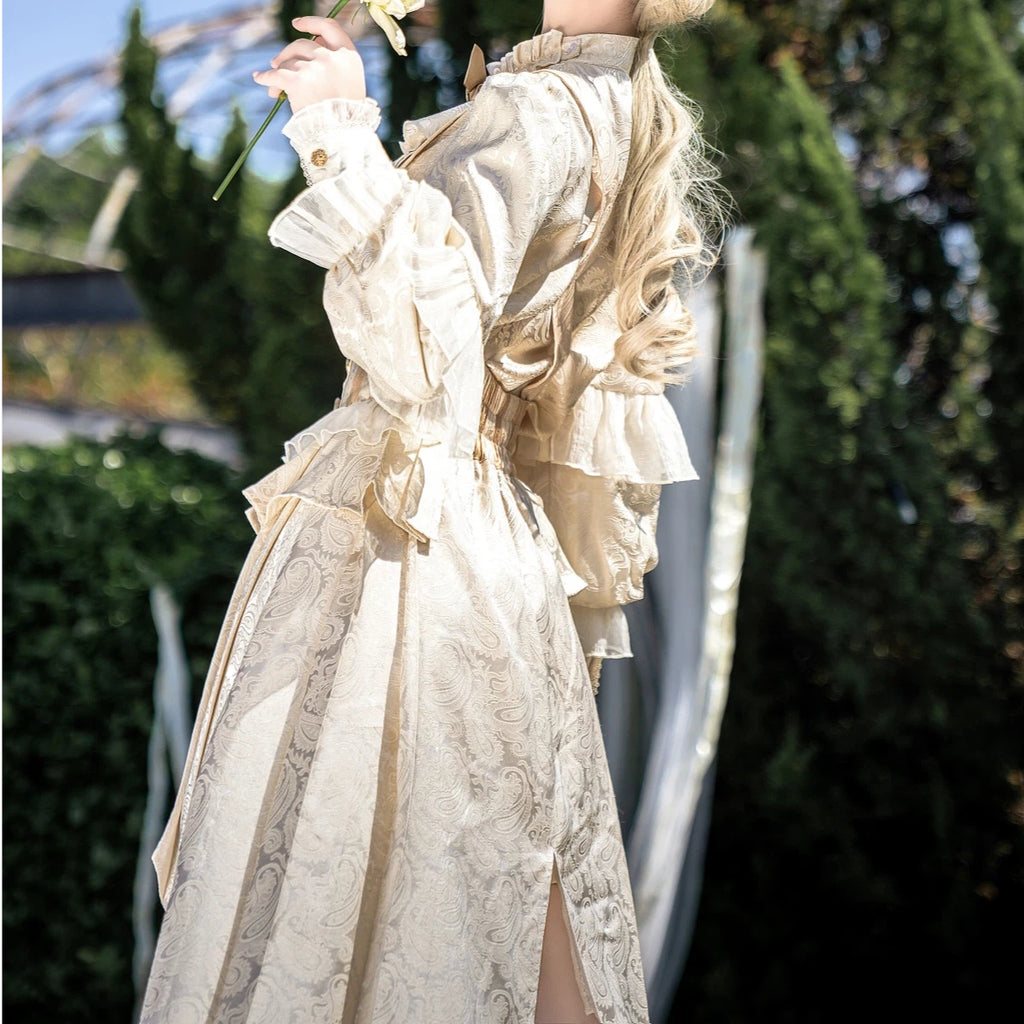 Ouji Fashion Lolita Prince Outfit Victorian Court Gold Jacquard Set with Asymmetric Hem