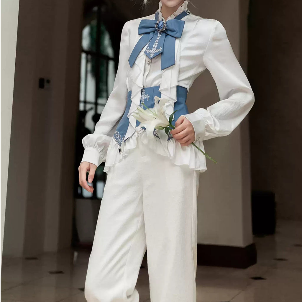 Ouji Fashion Lolita Victorian Blue White Set Embroider Tailcoat Ensemble