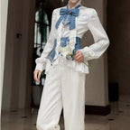 Ouji Fashion Lolita Victorian Blue White Set Embroider Tailcoat Ensemble
