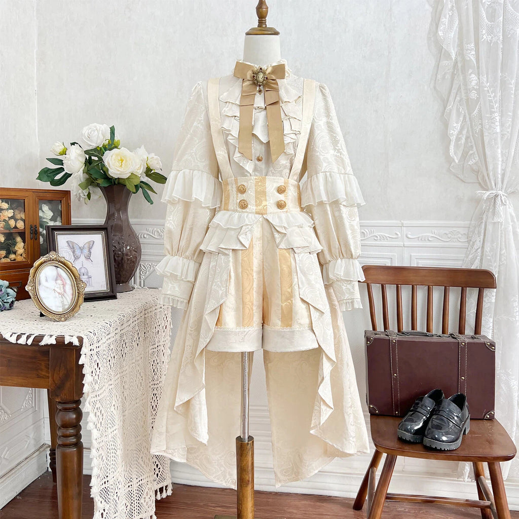 Ouji Fashion Lolita Prince Outfit Victorian Court Gold Jacquard Set with Asymmetric Hem