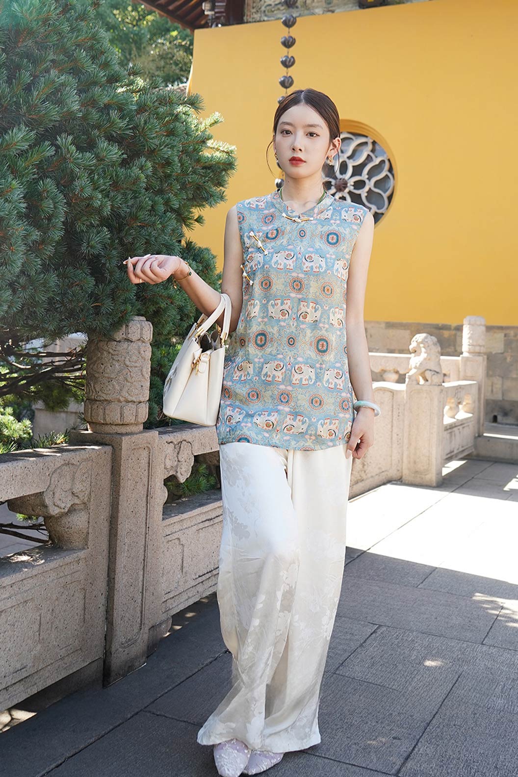 Modern Hanfu Silk Xiangyunsha Chinese Style Sleeveless Blouse Mulberry Silk Hanfu Dress