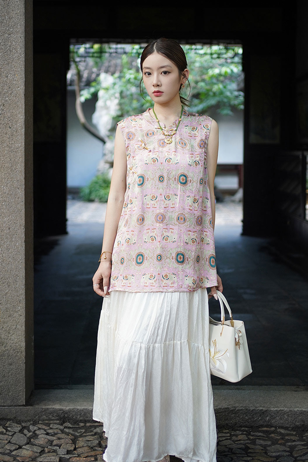 Modern Hanfu Silk Xiangyunsha Chinese Style Sleeveless Blouse Mulberry Silk Hanfu Dress