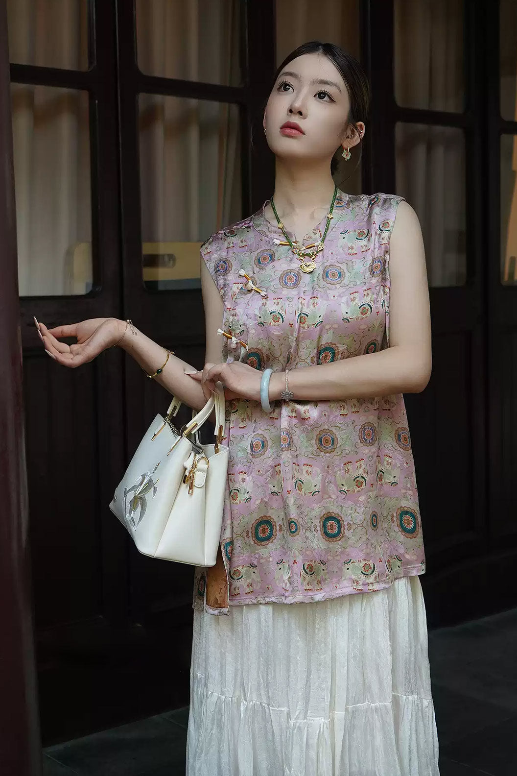 Modern Hanfu Silk Xiangyunsha Chinese Style Sleeveless Blouse Mulberry Silk Hanfu Dress