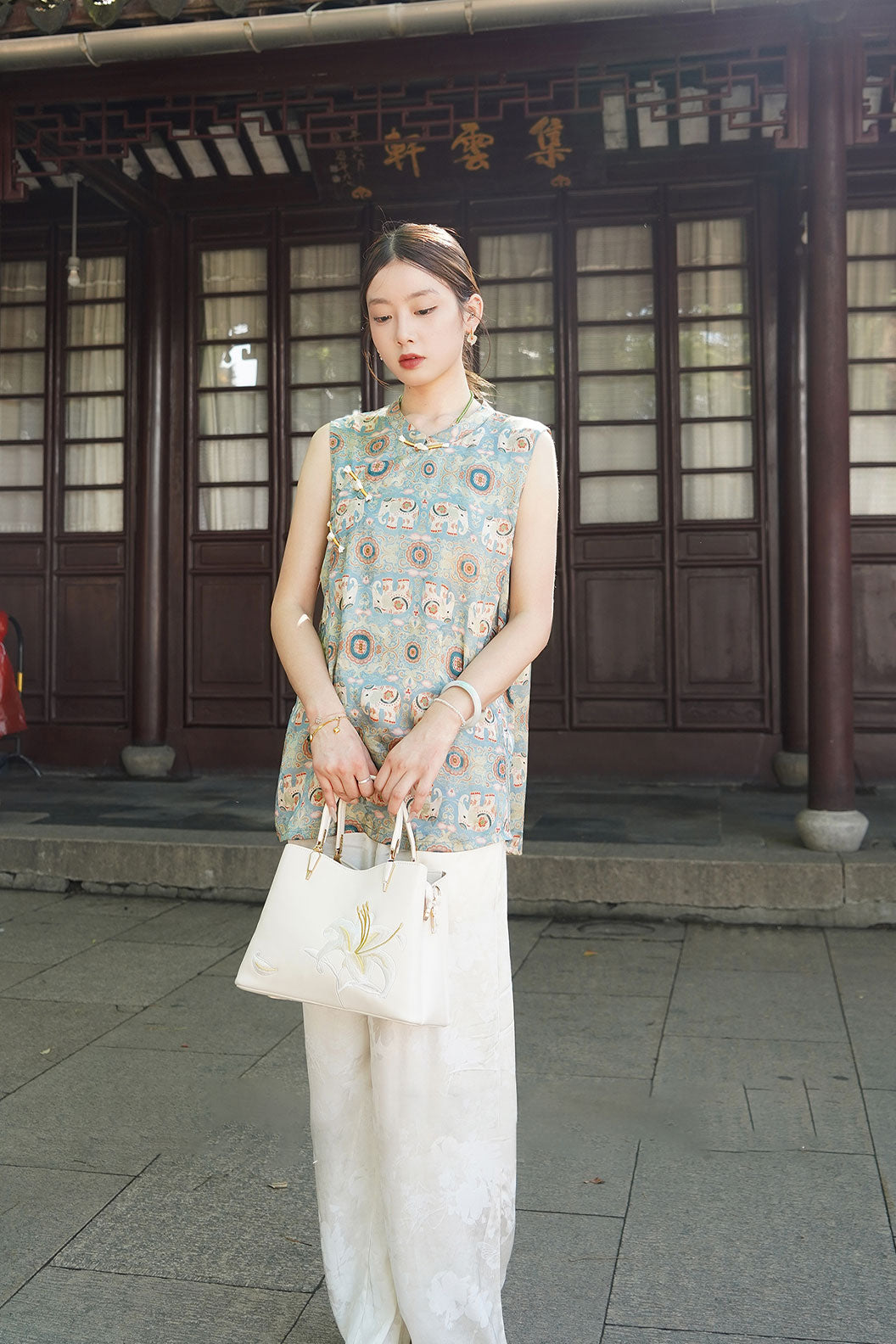 Modern Hanfu Silk Xiangyunsha Chinese Style Sleeveless Blouse Mulberry Silk Hanfu Dress