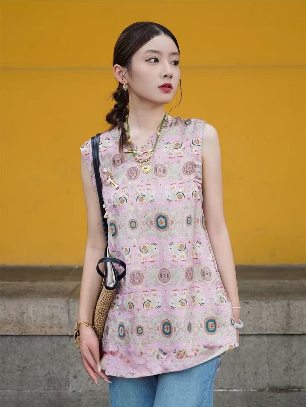 Modern Hanfu Silk Xiangyunsha Chinese Style Sleeveless Blouse Mulberry Silk Hanfu Dress