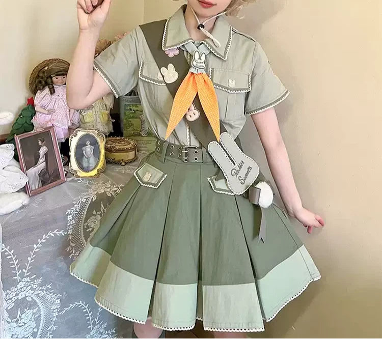 Olive Green Ouji Bunny Set – Short Sleeved Shirt Plus Size Up to 3XL