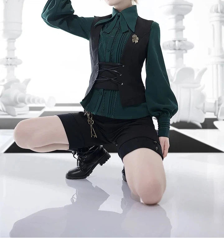 Ouji Fashion Lolita Shirt Vintage British Prince Style Green Long Sleeve Blouse