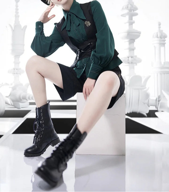 Ouji Fashion Lolita Shirt Vintage British Prince Style Green Long Sleeve Blouse