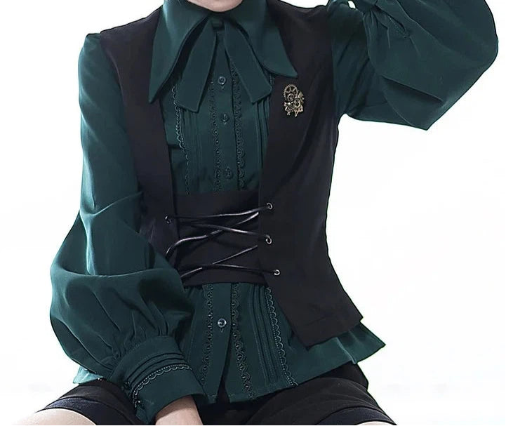Ouji Fashion Lolita Shirt Vintage British Prince Style Green Long Sleeve Blouse