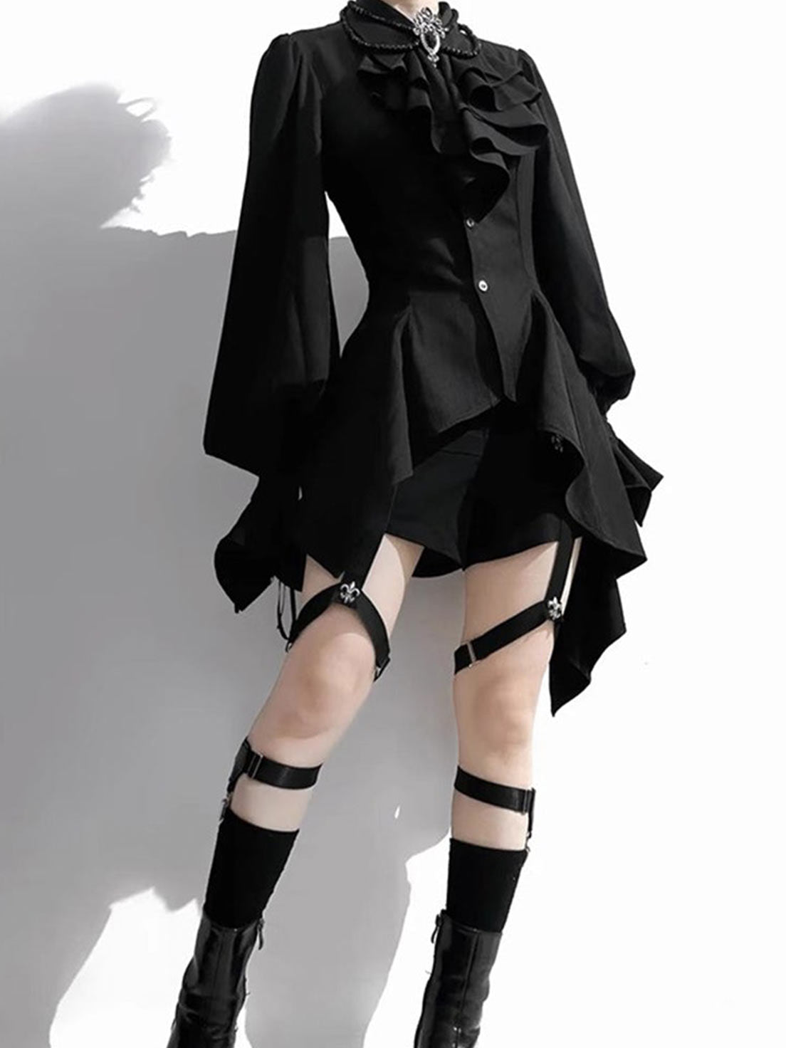 Ouji Fashion Gothic Black Lace Up Corset Belt High Waist Shorts Blouse Set Vintage Prince Style Outfit