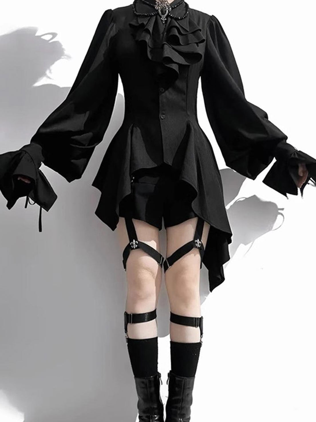 Ouji Fashion Gothic Black Lace Up Corset Belt High Waist Shorts Blouse Set Vintage Prince Style Outfit