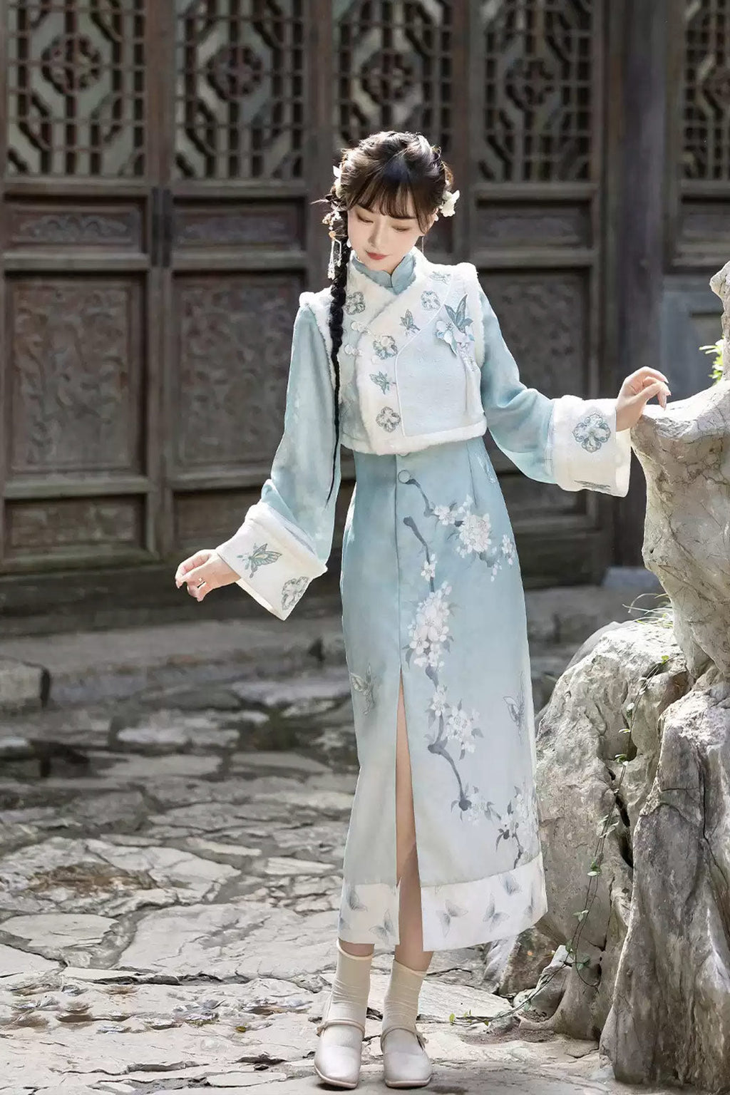 Modern Hanfu clothing Chinese Style Qipao Slim Fit Blue Hanfu dress