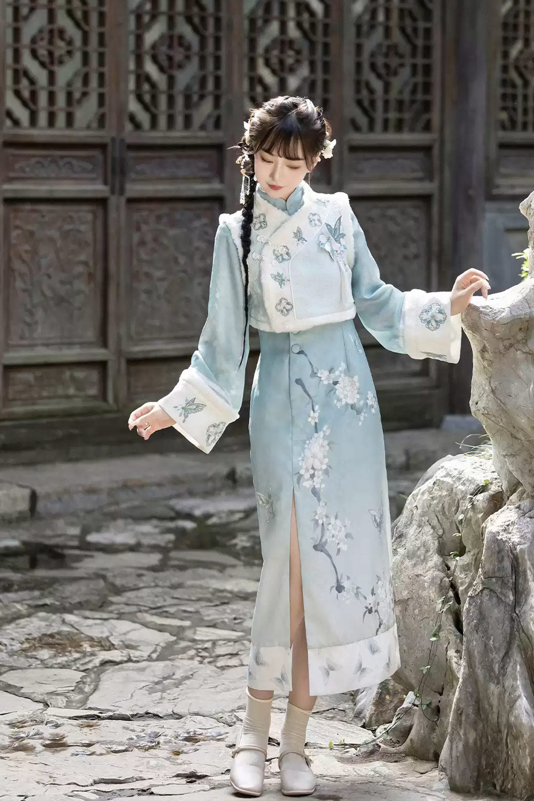 Modern Hanfu clothing Chinese Style Qipao Slim Fit Blue Hanfu dress
