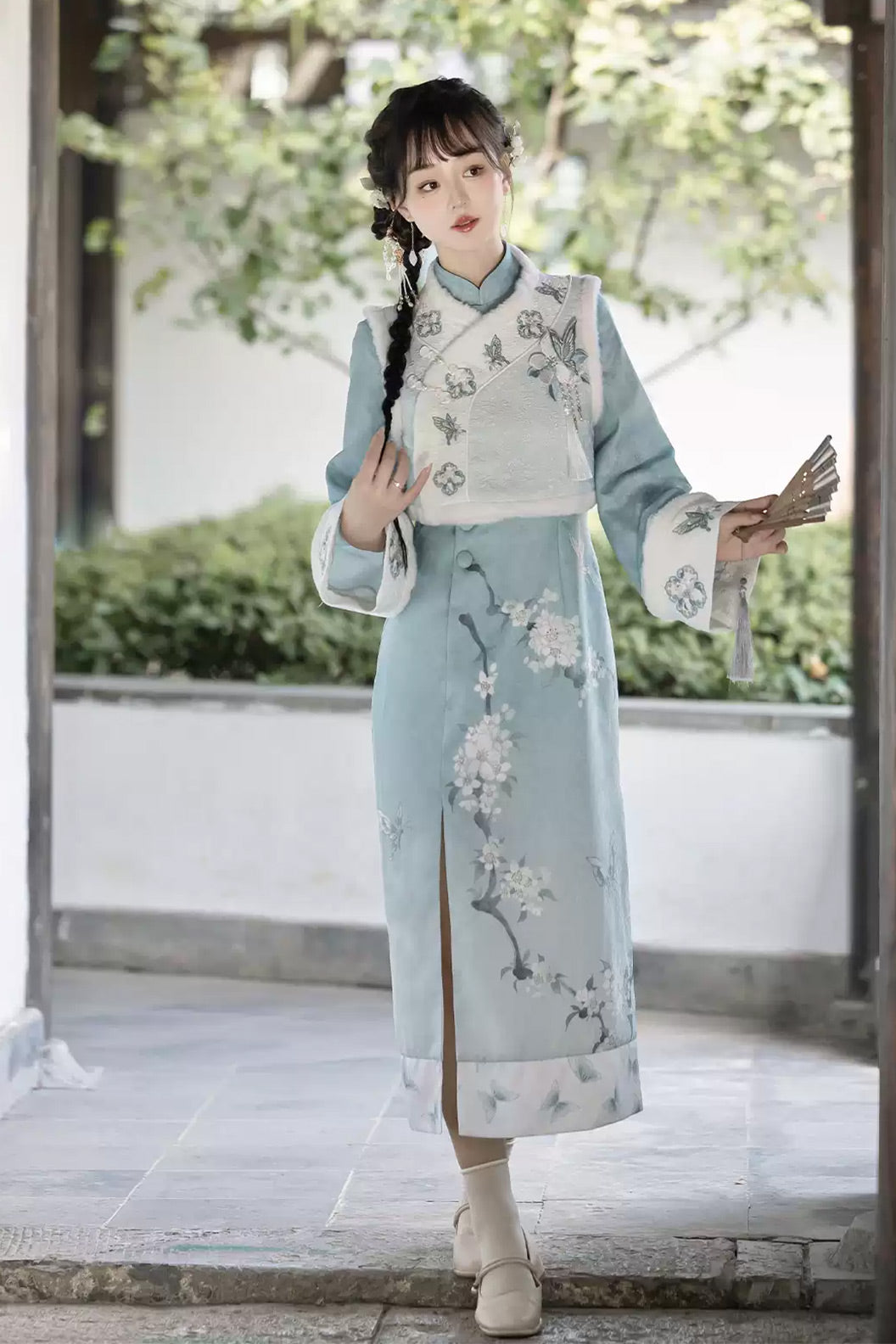 Modern Hanfu clothing Chinese Style Qipao Slim Fit Blue Hanfu dress