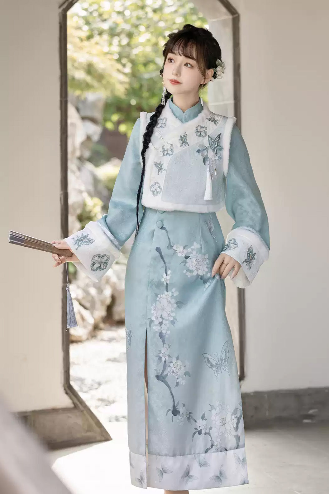 Modern Hanfu clothing Chinese Style Qipao Slim Fit Blue Hanfu dress