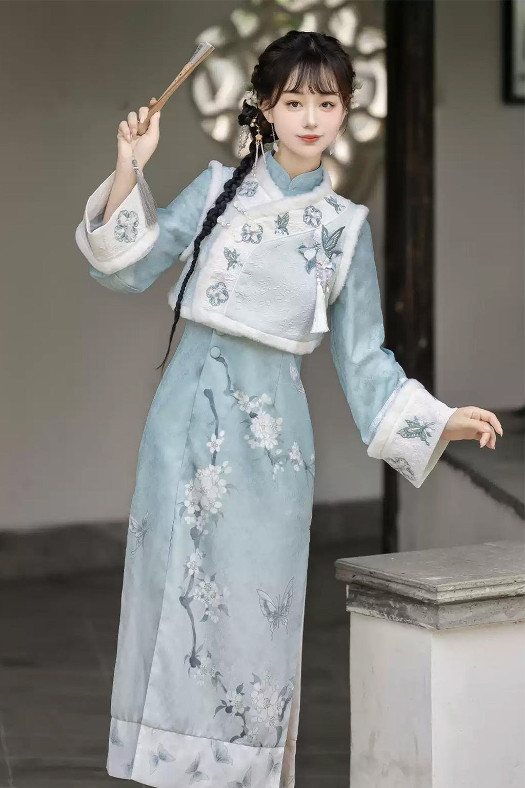 Modern Hanfu clothing Chinese Style Qipao Slim Fit Blue Hanfu dress