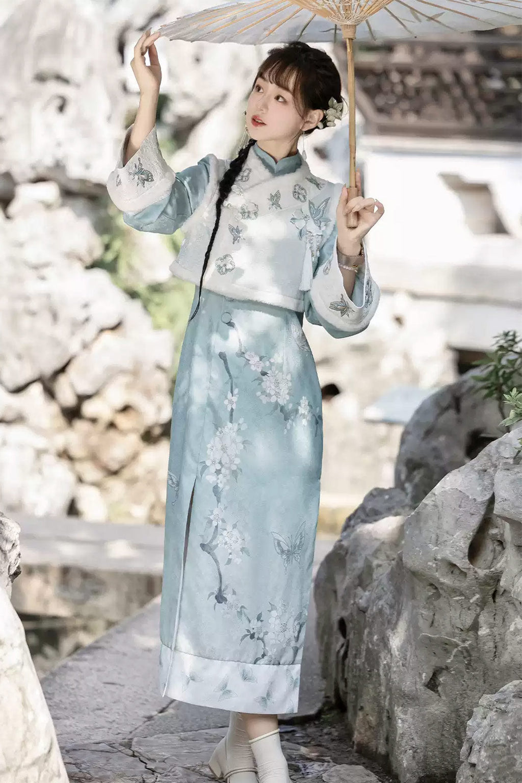 Modern Hanfu clothing Chinese Style Qipao Slim Fit Blue Hanfu dress