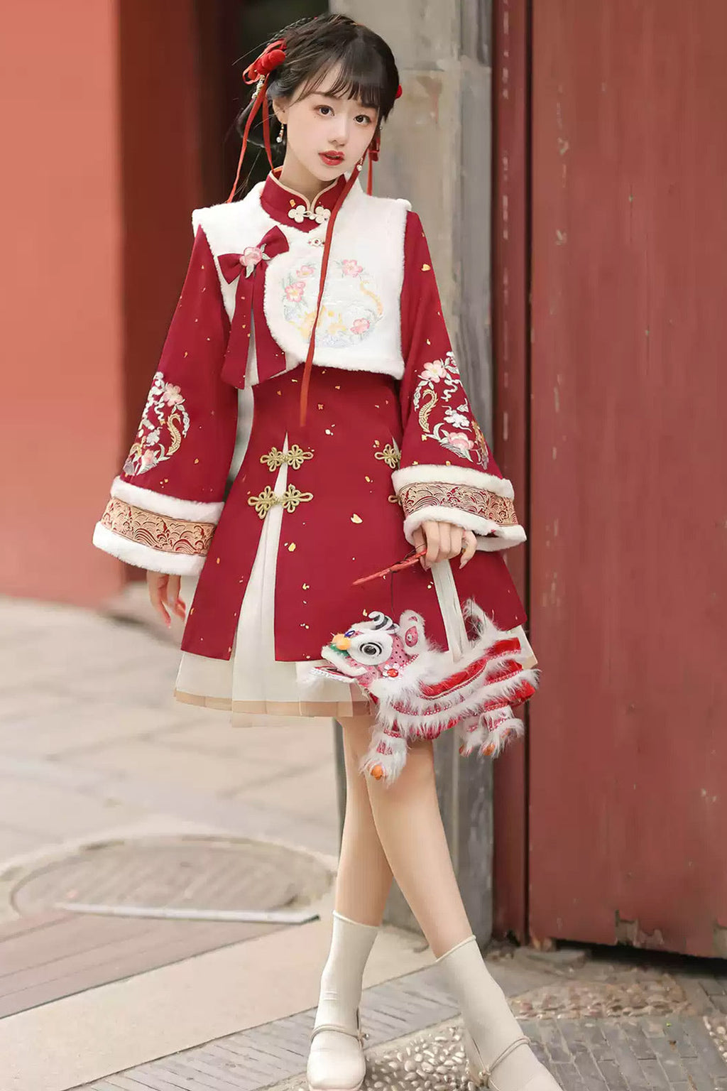 Modern Hanfu clothing Chinese Style Vest Dress Winter Outfit Red Hanfu dress
