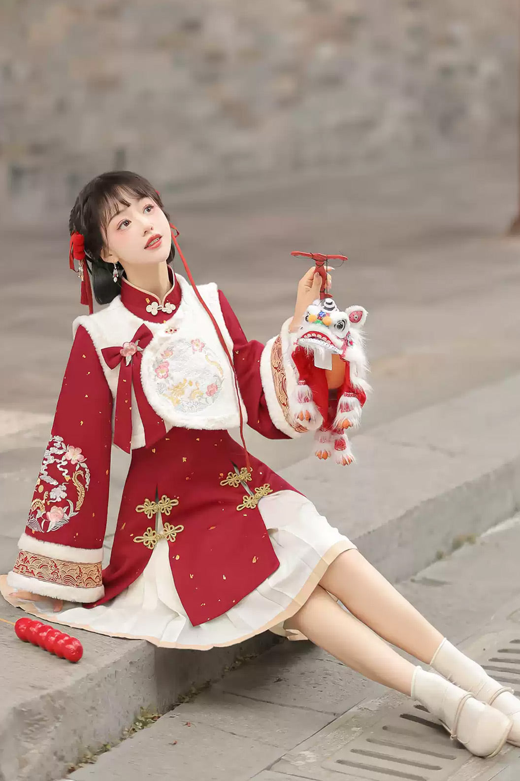 Modern Hanfu clothing Chinese Style Vest Dress Winter Outfit Red Hanfu dress