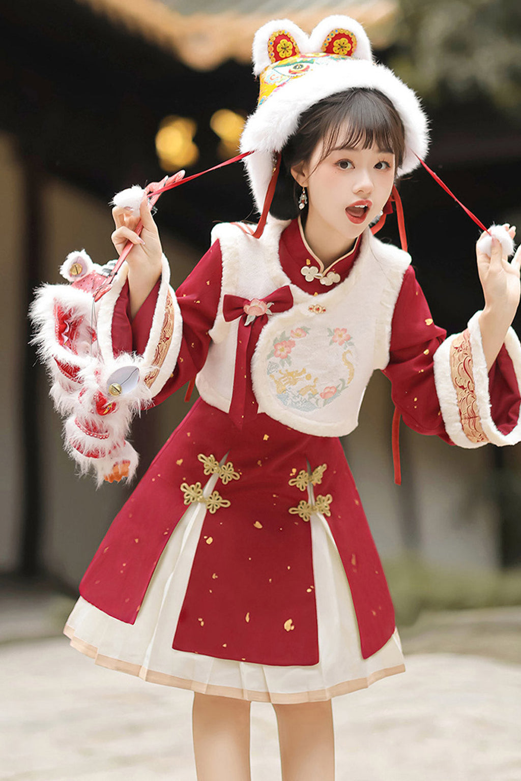 Modern Hanfu clothing Chinese Style Vest Dress Winter Outfit Red Hanfu dress
